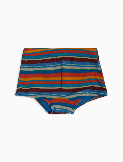 Kids' lobster red polyamide swimming shorts with multicoloured stripes - Beachwear | Gallo 1927 - Official Online Shop