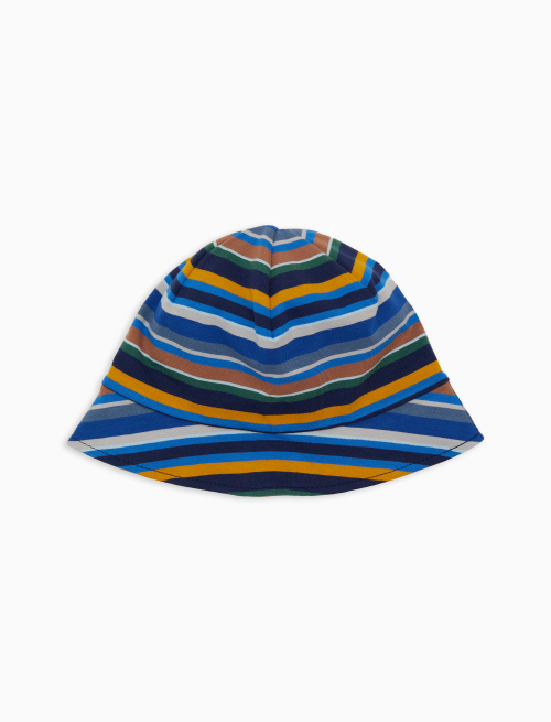 Kids' blue cotton brimmed cloche hat with multicoloured stripes - Hats | Gallo 1927 - Official Online Shop