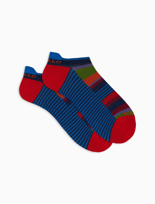 Men's blue cotton sneaker socks with multicoloured stripes and Windsor stripes - Invisible | Gallo 1927 - Official Online Shop