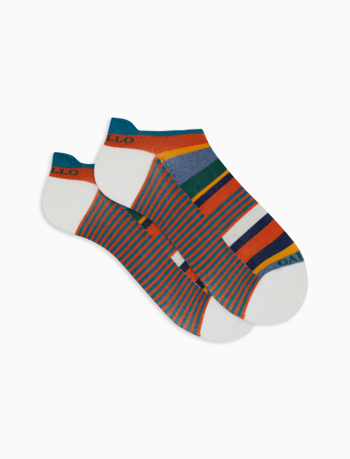 Men's orange cotton sneaker socks with multicoloured stripes and Windsor stripes - Invisible | Gallo 1927 - Official Online Shop