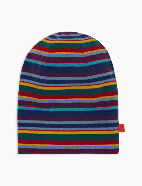 Kids' long blue reversible fleece beanie with multicoloured stripes - Hats | Gallo 1927 - Official Online Shop