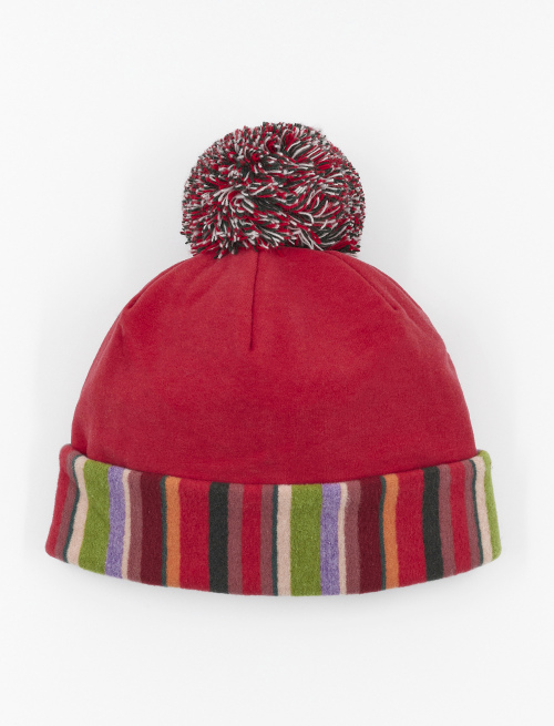 Kids' plain carmine red fleece beanie with multicoloured pompom - Accessories | Gallo 1927 - Official Online Shop