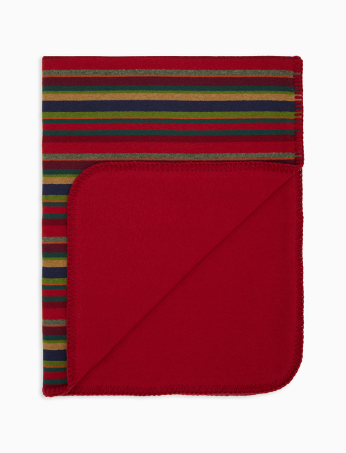 Reversible red fleece pram blanket with multicoloured stripes and solid colour - Other | Gallo 1927 - Official Online Shop