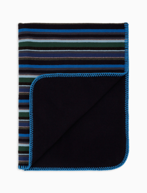 Reversible blue fleece pram blanket with multicoloured stripes and solid colour - Other | Gallo 1927 - Official Online Shop