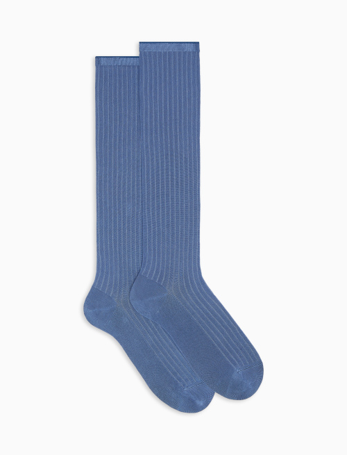 Long ribbed plain air-force blue viscose socks | Gallo 1927 - Official Online Shop