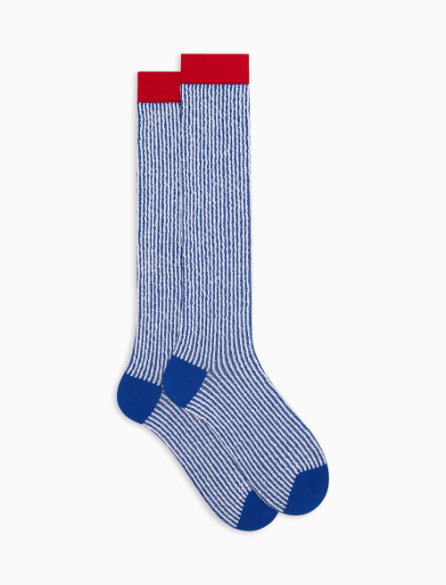 Men's long cobalt blue light cotton socks with seersucker motif | Gallo 1927 - Official Online Shop