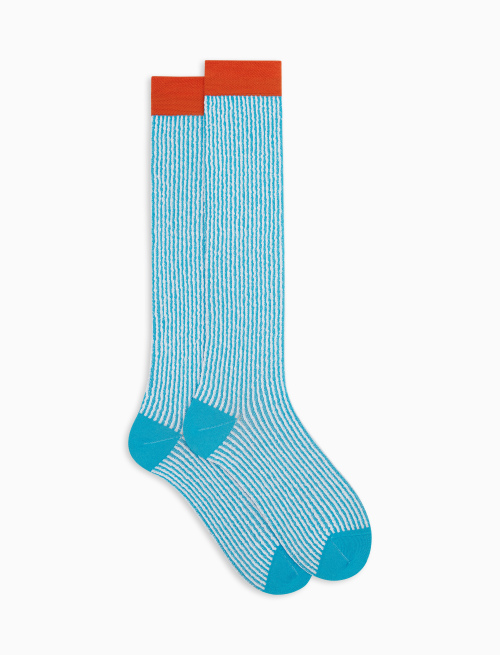 Men's long turquoise light cotton socks with seersucker motif | Gallo 1927 - Official Online Shop