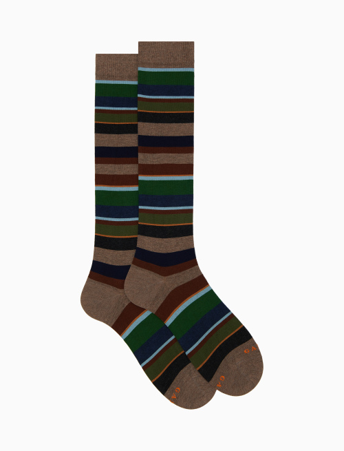 Men's long brown cotton socks with multicoloured stripes - Socks | Gallo 1927 - Official Online Shop