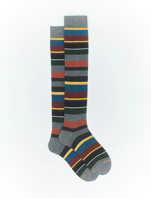 Men's long iron grey cotton socks with multicoloured stripes - Multicolor | Gallo 1927 - Official Online Shop