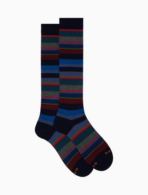 Men's long blue cotton socks with multicoloured stripes - Man | Gallo 1927 - Official Online Shop
