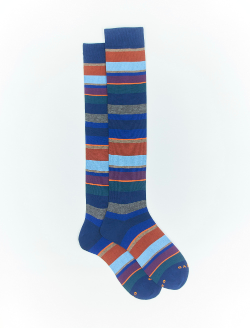 Men's long english blue cotton socks with multicoloured stripes - The timeless Edition | Gallo 1927 - Official Online Shop