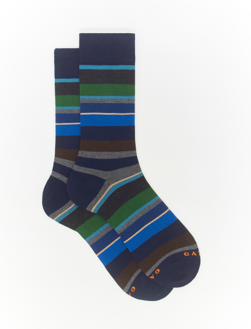 Men's short ocean blue cotton socks with multicoloured stripes - Multicolor | Gallo 1927 - Official Online Shop