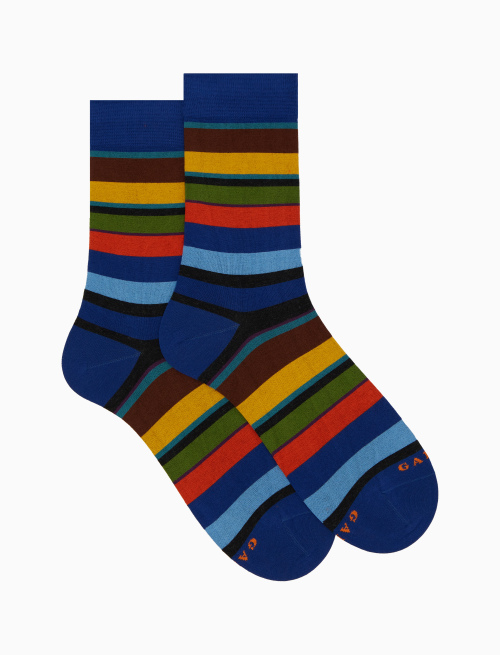 Men's short blue cotton socks with multicoloured stripes - Man | Gallo 1927 - Official Online Shop