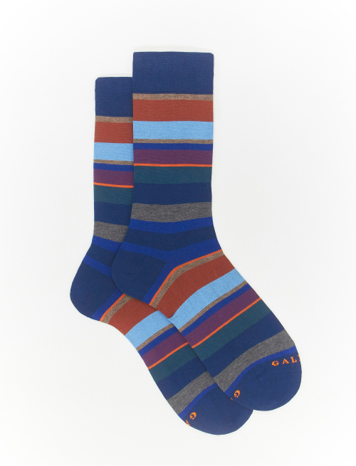 Men's short english blue cotton socks with multicoloured stripes - Multicolor | Gallo 1927 - Official Online Shop