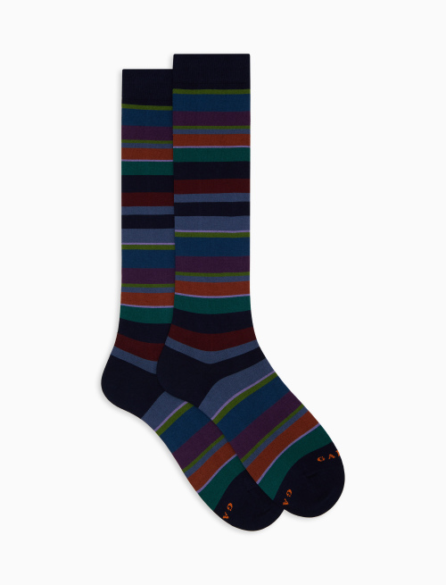 Women's long blue cotton socks with multicoloured stripes - Socks | Gallo 1927 - Official Online Shop