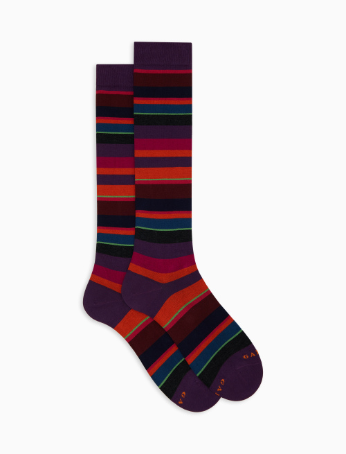 Women's long purple cotton socks with multicoloured stripes - Socks | Gallo 1927 - Official Online Shop