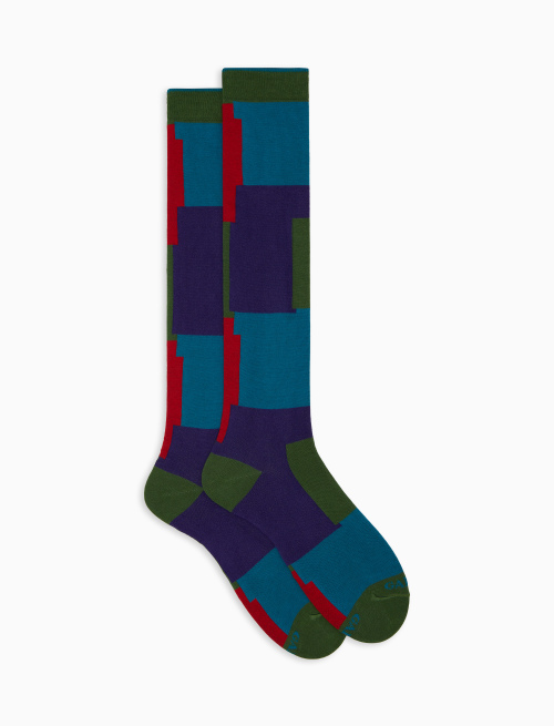 Women's long green cotton socks with overlapping check motif - Socks | Gallo 1927 - Official Online Shop