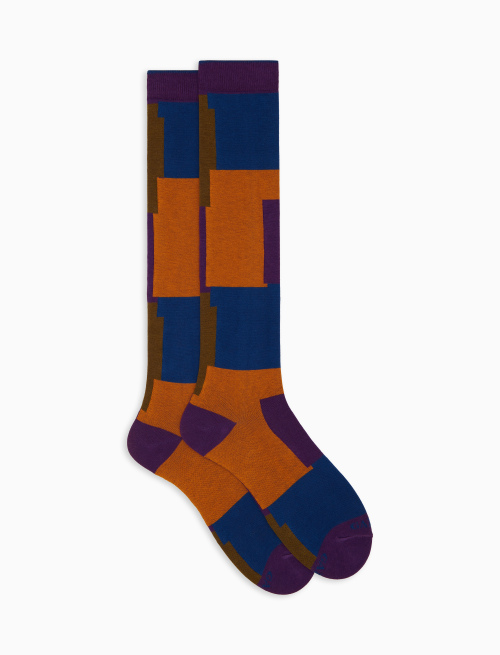 Women's long fuchsia cotton socks with overlapping check motif - Socks | Gallo 1927 - Official Online Shop