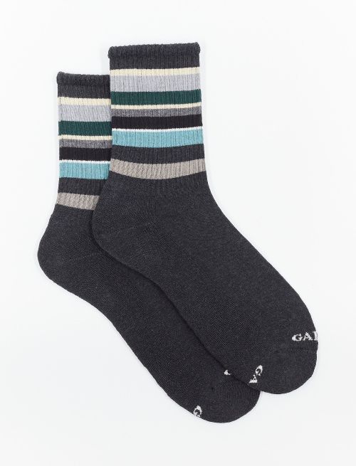 Men's short socks in charcoal grey cotton terry cloth with multicoloured stripes - Sales | Gallo 1927 - Official Online Shop