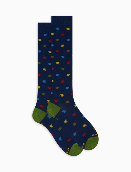 Men's long blue cotton socks with colourful small rooster motif - Man | Gallo 1927 - Official Online Shop