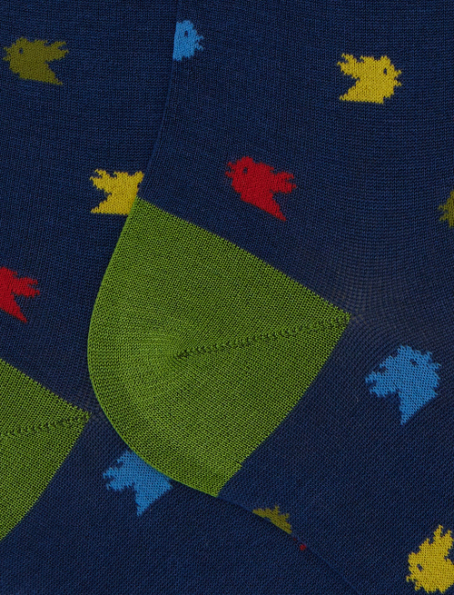 Men's long blue cotton socks with colourful small rooster motif - Man | Gallo 1927 - Official Online Shop
