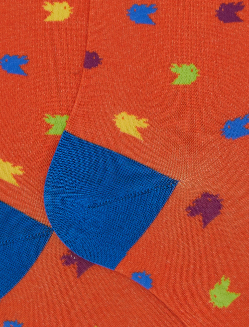 Men's long orange cotton socks with colourful small rooster motif - Man | Gallo 1927 - Official Online Shop