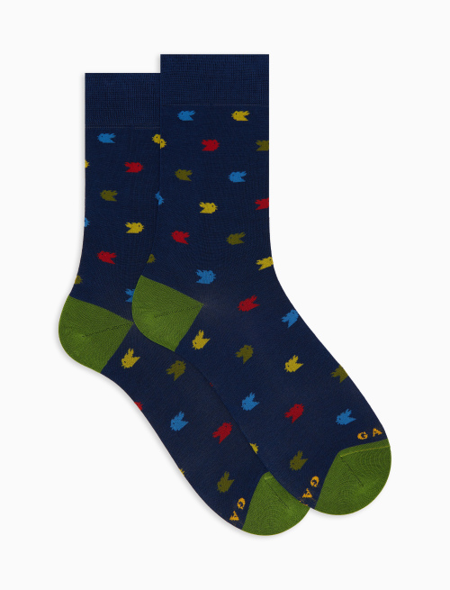 Men's short blue cotton socks with colourful small rooster motif - Man | Gallo 1927 - Official Online Shop