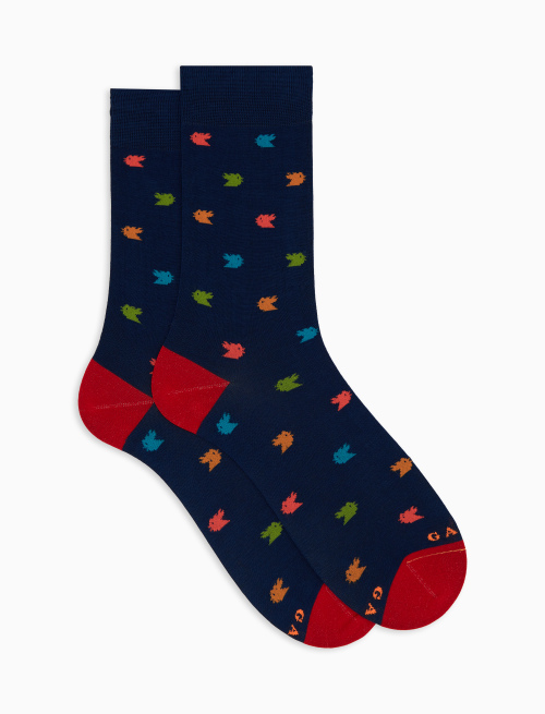 Men's short blue cotton socks with colourful small rooster motif - Short | Gallo 1927 - Official Online Shop