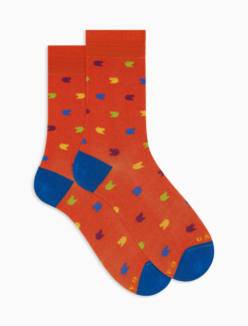 Men's short orange cotton socks with colourful small rooster motif - Man | Gallo 1927 - Official Online Shop