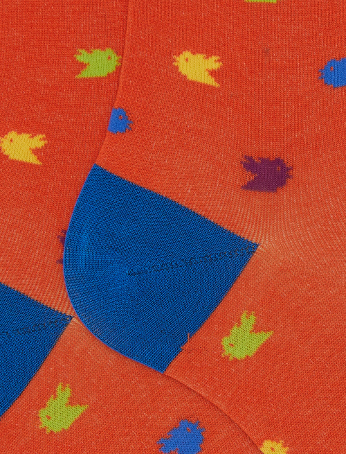 Men's short orange cotton socks with colourful small rooster motif - Man | Gallo 1927 - Official Online Shop