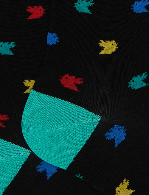 Women's long black cotton socks with colourful small rooster motif - Socks | Gallo 1927 - Official Online Shop