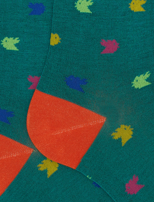 Women's long green cotton socks with colourful small rooster motif - Socks | Gallo 1927 - Official Online Shop