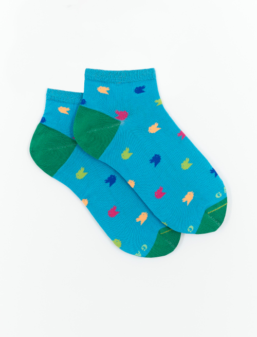 Women's turquoise ankle socks in ultra-light cotton with small coloured chickens - First Selection | Gallo 1927 - Official Online Shop
