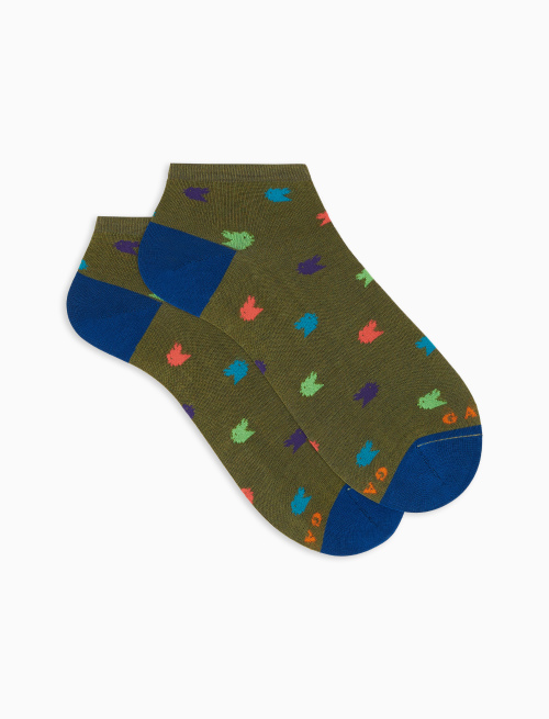 Women's moss green ankle socks in ultra-light cotton with small coloured chickens - Socks | Gallo 1927 - Official Online Shop