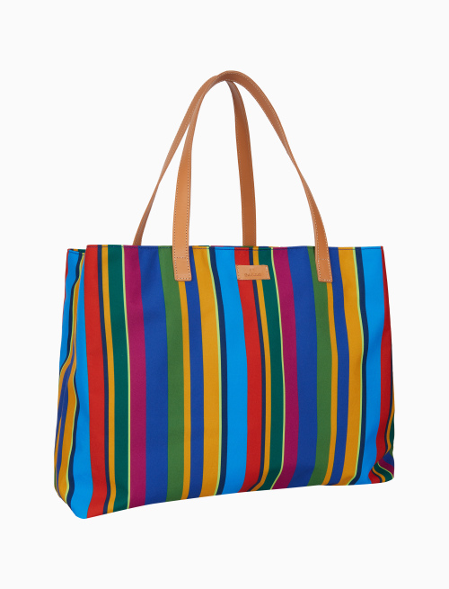 Women's blue beach bag with multicoloured stripes and leather handles - Accessories | Gallo 1927 - Official Online Shop