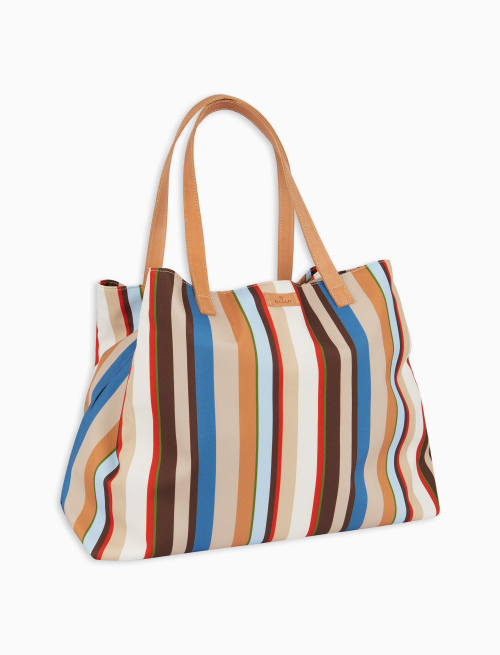 Women's biscuit polyester beach bag with multicoloured stripes and leather handles - Portofino | Gallo 1927 - Official Online Shop
