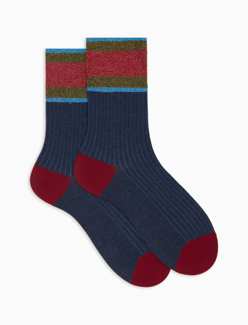 Women's short ribbed plain blue cotton socks with glitter-striped cuff - New In | Gallo 1927 - Official Online Shop