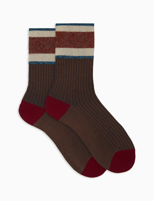 Women's short ribbed plain brown cotton socks with glitter-striped cuff - Socks | Gallo 1927 - Official Online Shop