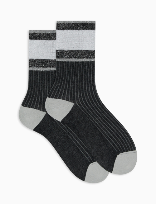 Women's short plain black ribbed cotton socks with lurex-striped cuff | Gallo 1927 - Official Online Shop