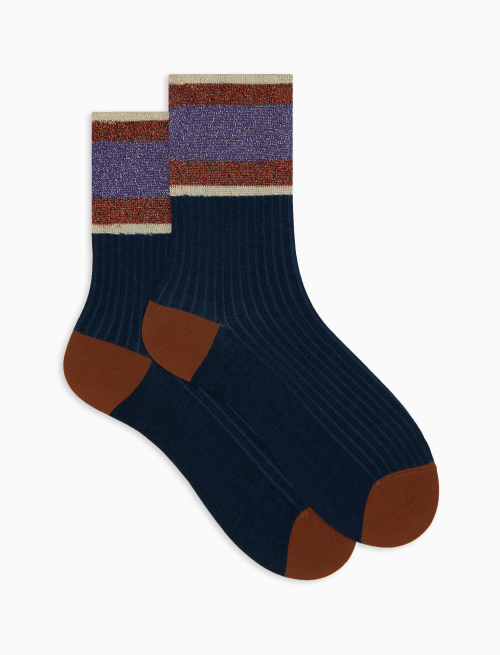 Women's short ribbed plain blue cotton socks with lurex-striped cuff - Short | Gallo 1927 - Official Online Shop
