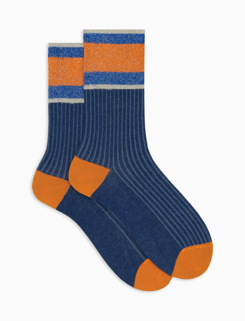 Women's short plain blue ribbed cotton socks with lurex-striped cuff - The Classics | Gallo 1927 - Official Online Shop