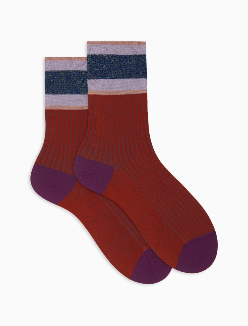 Women's short ribbed plain orange cotton socks with glitter-striped cuff - Socks | Gallo 1927 - Official Online Shop
