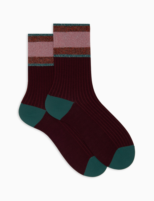 Women's short ribbed plain burgundy cotton socks with glitter-striped cuff - Socks | Gallo 1927 - Official Online Shop