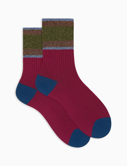 Women's short ribbed plain fuchsia cotton socks with lurex-striped cuff - Socks | Gallo 1927 - Official Online Shop