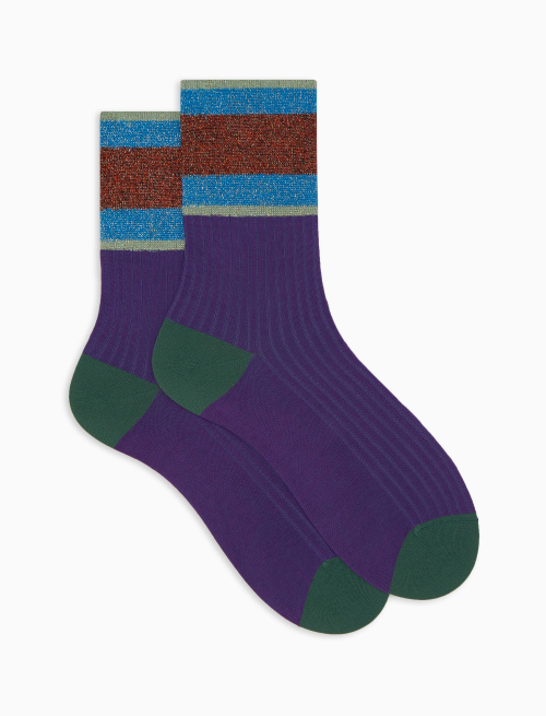 Women's short ribbed plain purple cotton socks with lurex-striped cuff - Socks | Gallo 1927 - Official Online Shop