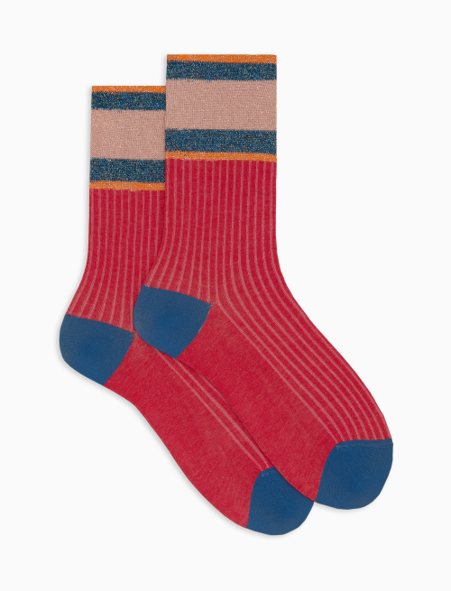 Women's short plain fuchsia ribbed cotton socks with lurex-striped cuff - The Classics | Gallo 1927 - Official Online Shop