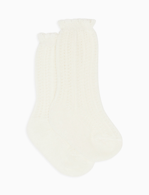 Kids' long plain white cotton socks with perforated vertical stripes | Gallo 1927 - Official Online Shop