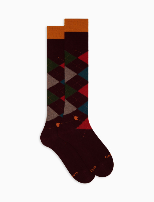 Women's long burgundy cotton socks with inlay motif - Socks | Gallo 1927 - Official Online Shop