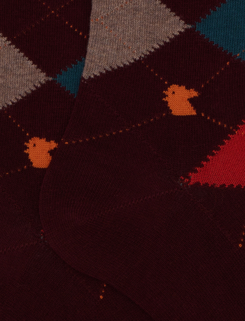 Women's long burgundy cotton socks with inlay motif - Socks | Gallo 1927 - Official Online Shop