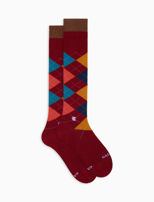 Women's long burgundy cotton socks with inlay motif - Socks | Gallo 1927 - Official Online Shop
